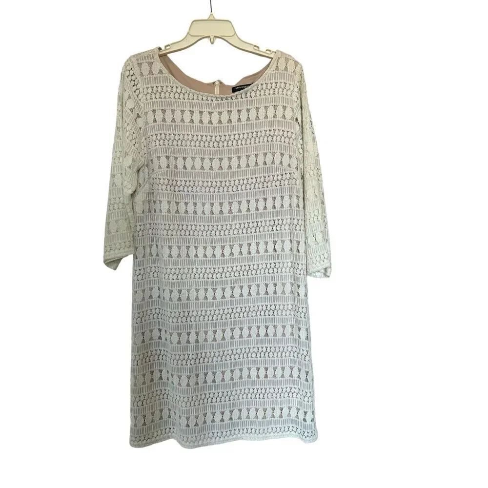 Sharagano Ivory Crochet Lace Shift Dress Women’s 14 Nude Lining 3/4 Sleeve NWT